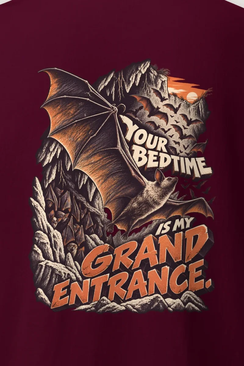 "Your Bedtime Is My Grand Entrance" Heavyweight Unisex Crewneck T-shirt - the graphic up close